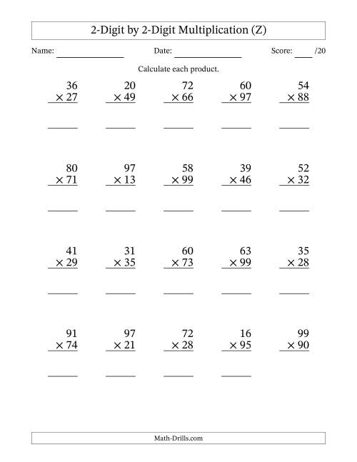 The Multiplying 2-Digit by 2-Digit Numbers (Z) Math Worksheet