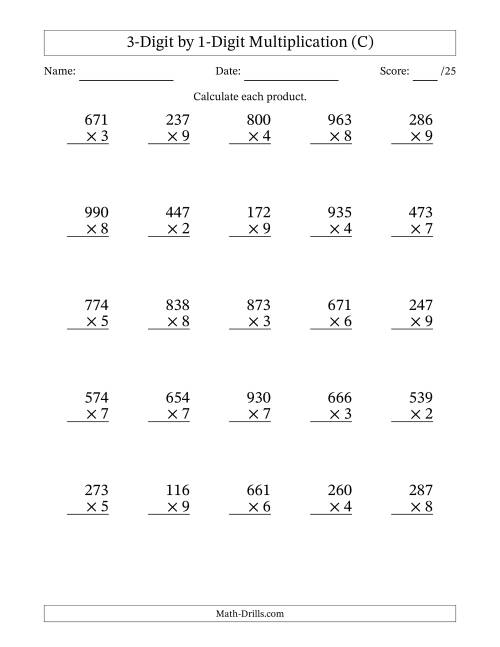 The Multiplying 3-Digit by 1-Digit Numbers (C) Math Worksheet