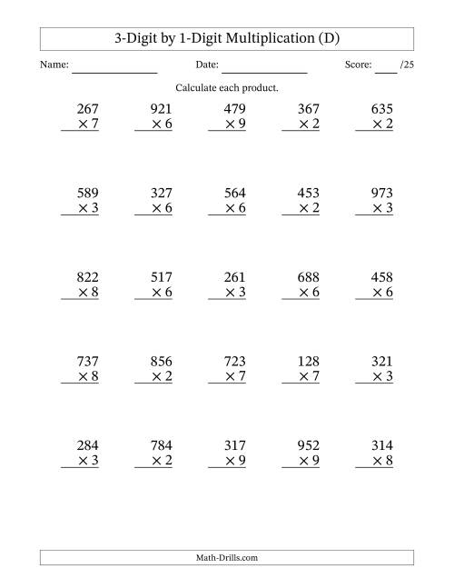 The Multiplying 3-Digit by 1-Digit Numbers (D) Math Worksheet