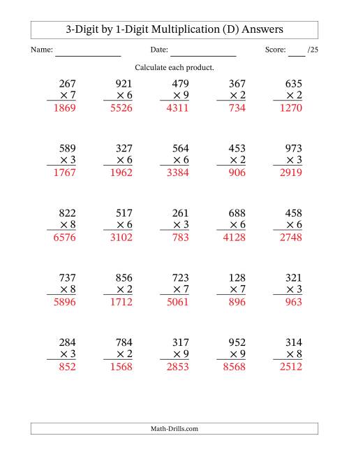 The Multiplying 3-Digit by 1-Digit Numbers (D) Math Worksheet Page 2