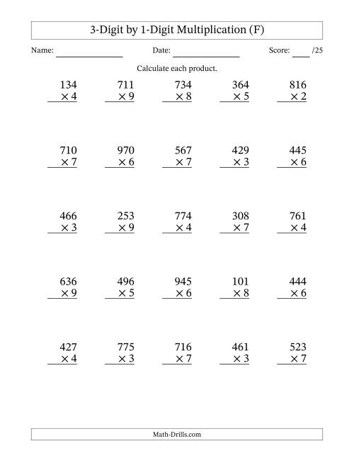 The Multiplying 3-Digit by 1-Digit Numbers (F) Math Worksheet