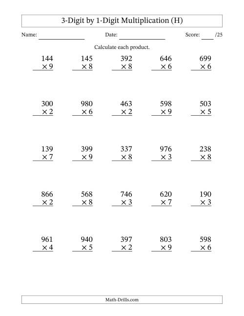 The Multiplying 3-Digit by 1-Digit Numbers (H) Math Worksheet