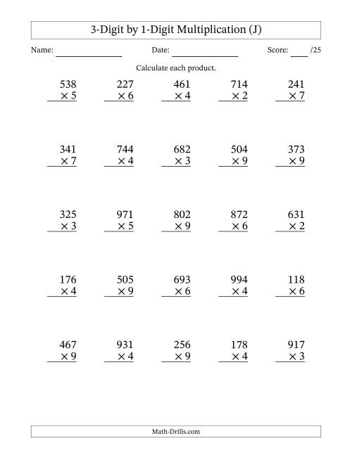The Multiplying 3-Digit by 1-Digit Numbers (J) Math Worksheet