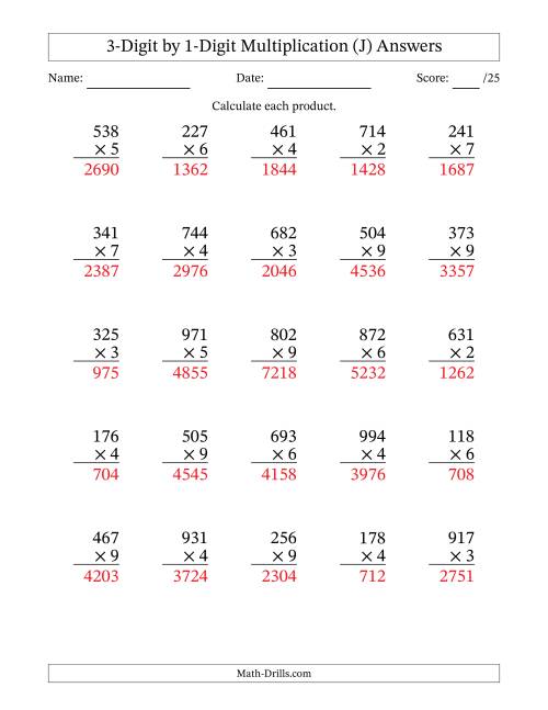 The Multiplying 3-Digit by 1-Digit Numbers (J) Math Worksheet Page 2