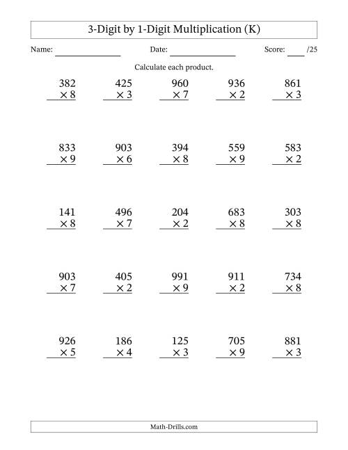 The Multiplying 3-Digit by 1-Digit Numbers (K) Math Worksheet