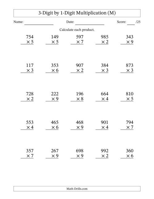 The Multiplying 3-Digit by 1-Digit Numbers (M) Math Worksheet