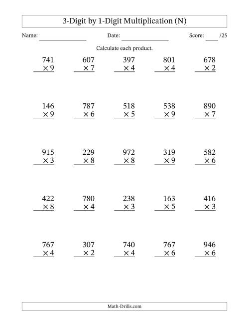 The Multiplying 3-Digit by 1-Digit Numbers (N) Math Worksheet