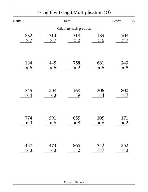 The Multiplying 3-Digit by 1-Digit Numbers (O) Math Worksheet