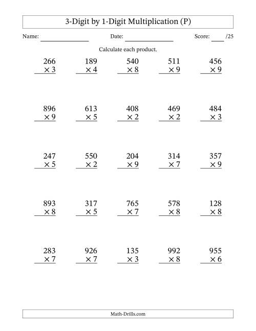 The Multiplying 3-Digit by 1-Digit Numbers (P) Math Worksheet
