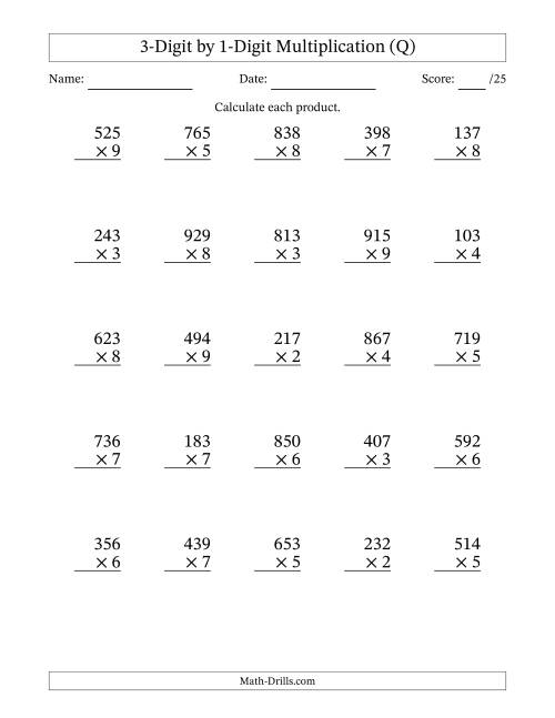 The Multiplying 3-Digit by 1-Digit Numbers (Q) Math Worksheet