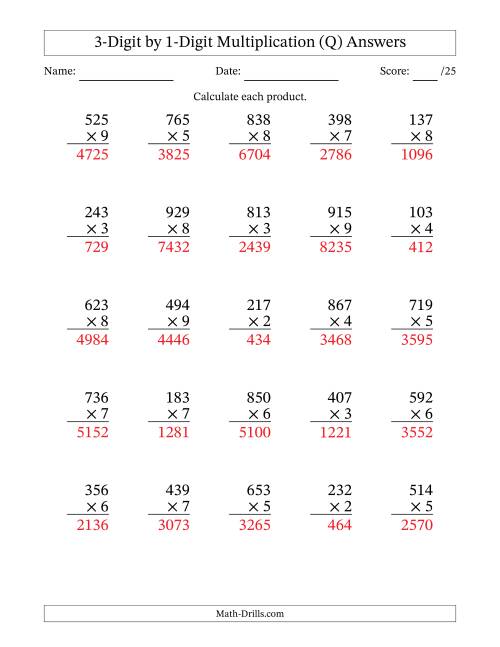 The Multiplying 3-Digit by 1-Digit Numbers (Q) Math Worksheet Page 2