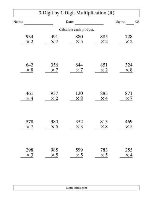 The Multiplying 3-Digit by 1-Digit Numbers (R) Math Worksheet
