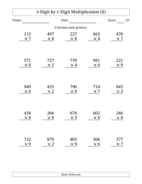 The Multiplying 3-Digit by 1-Digit Numbers (S) Math Worksheet