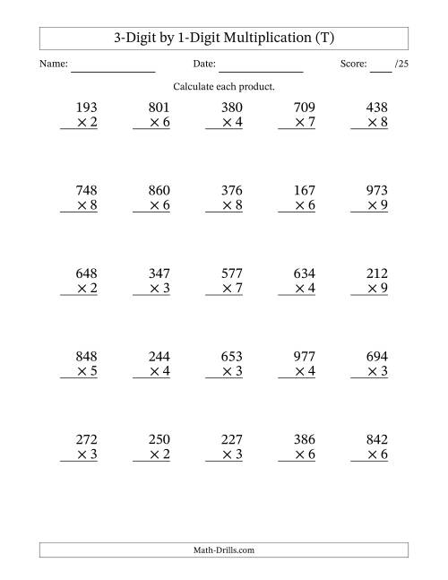 The Multiplying 3-Digit by 1-Digit Numbers (T) Math Worksheet