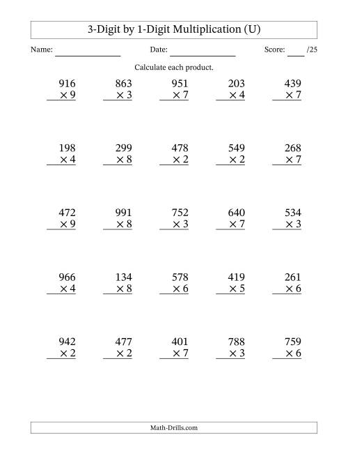 The Multiplying 3-Digit by 1-Digit Numbers (U) Math Worksheet
