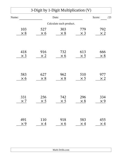 The Multiplying 3-Digit by 1-Digit Numbers (V) Math Worksheet