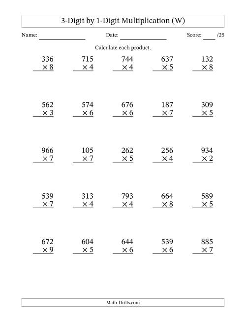 The Multiplying 3-Digit by 1-Digit Numbers (W) Math Worksheet