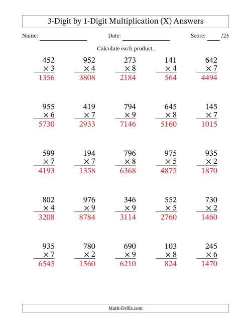 The Multiplying 3-Digit by 1-Digit Numbers (X) Math Worksheet Page 2
