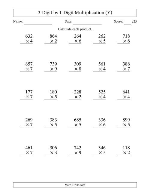 The Multiplying 3-Digit by 1-Digit Numbers (Y) Math Worksheet