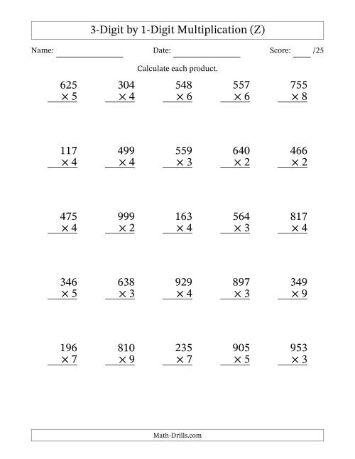The Multiplying 3-Digit by 1-Digit Numbers (Z) Math Worksheet