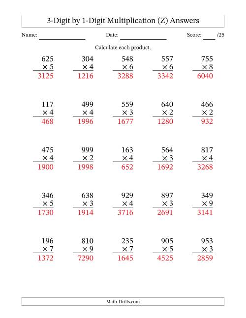 The Multiplying 3-Digit by 1-Digit Numbers (Z) Math Worksheet Page 2