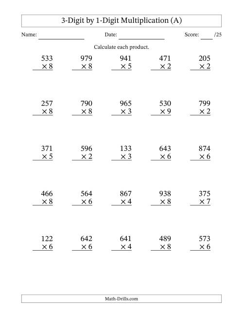 The Multiplying 3-Digit by 1-Digit Numbers (All) Math Worksheet