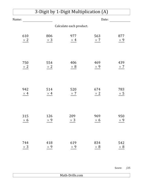 The Multiplying 3-Digit by 1-Digit Numbers (Old) Math Worksheet