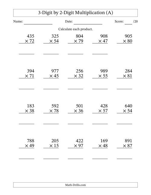 The Multiplying 3-Digit by 2-Digit Numbers (A) Math Worksheet