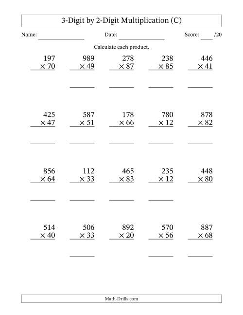 The Multiplying 3-Digit by 2-Digit Numbers (C) Math Worksheet