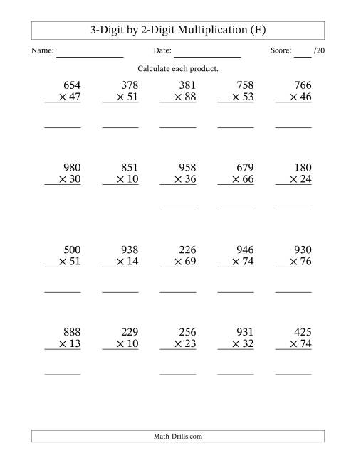 The Multiplying 3-Digit by 2-Digit Numbers (E) Math Worksheet