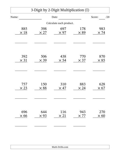 The Multiplying 3-Digit by 2-Digit Numbers (I) Math Worksheet