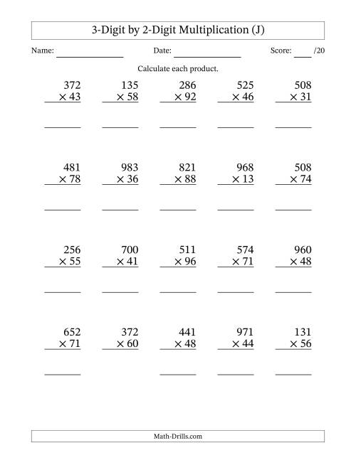 The Multiplying 3-Digit by 2-Digit Numbers (J) Math Worksheet