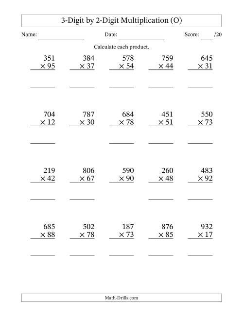 The Multiplying 3-Digit by 2-Digit Numbers (O) Math Worksheet