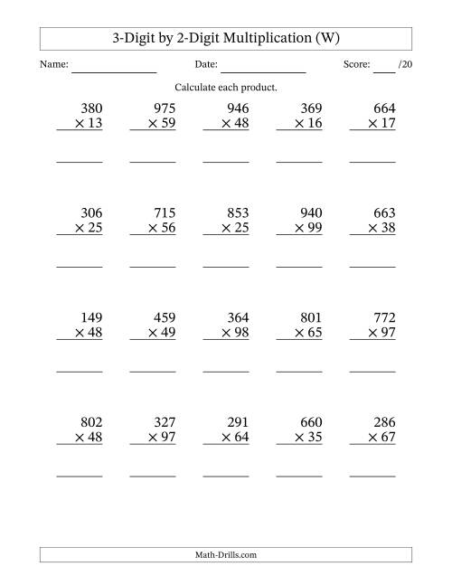 The Multiplying 3-Digit by 2-Digit Numbers (W) Math Worksheet