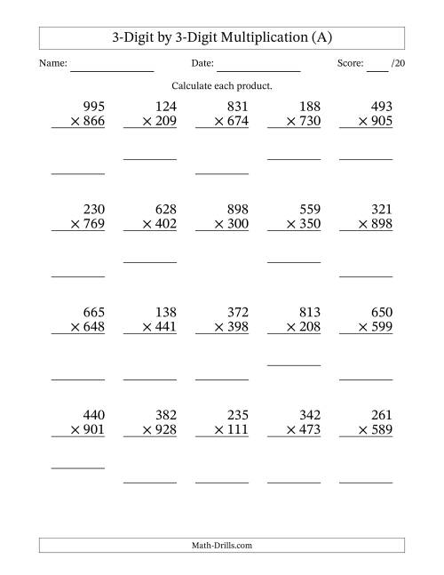 The Multiplying 3-Digit by 3-Digit Numbers (A) Math Worksheet