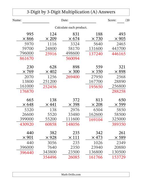 The Multiplying 3-Digit by 3-Digit Numbers (A) Math Worksheet Page 2