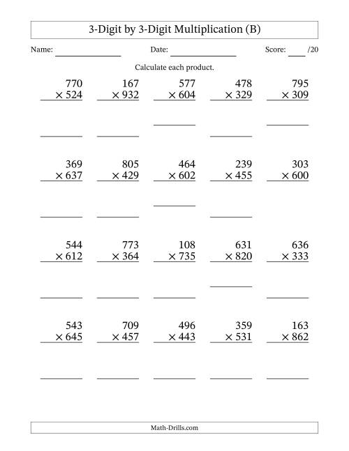The Multiplying 3-Digit by 3-Digit Numbers (B) Math Worksheet