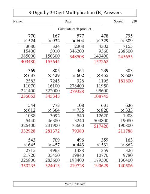 The Multiplying 3-Digit by 3-Digit Numbers (B) Math Worksheet Page 2
