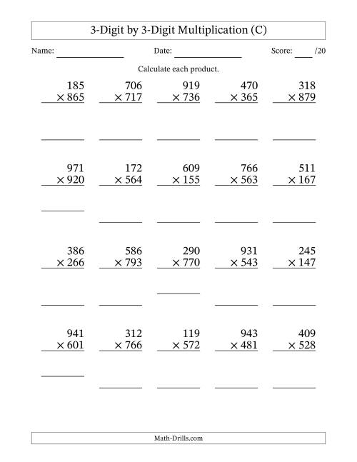 The Multiplying 3-Digit by 3-Digit Numbers (C) Math Worksheet