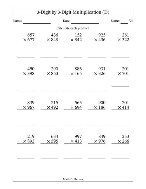 The Multiplying 3-Digit by 3-Digit Numbers (D) Math Worksheet