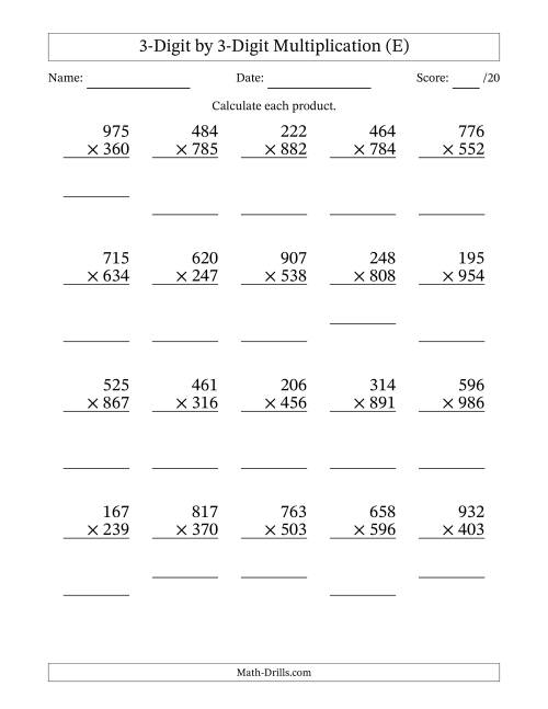 The Multiplying 3-Digit by 3-Digit Numbers (E) Math Worksheet