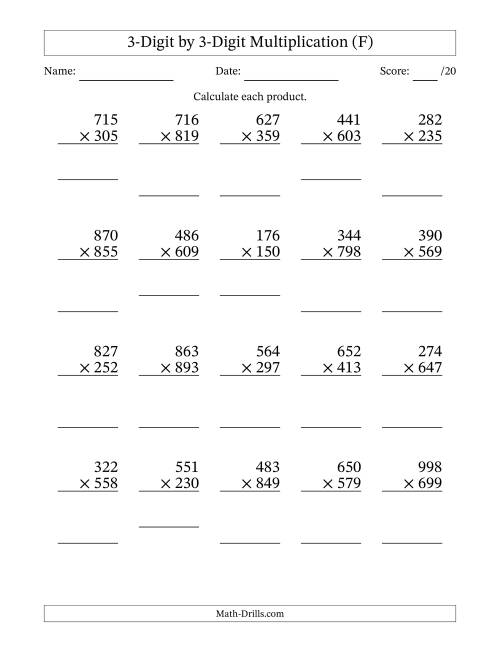 The Multiplying 3-Digit by 3-Digit Numbers (F) Math Worksheet