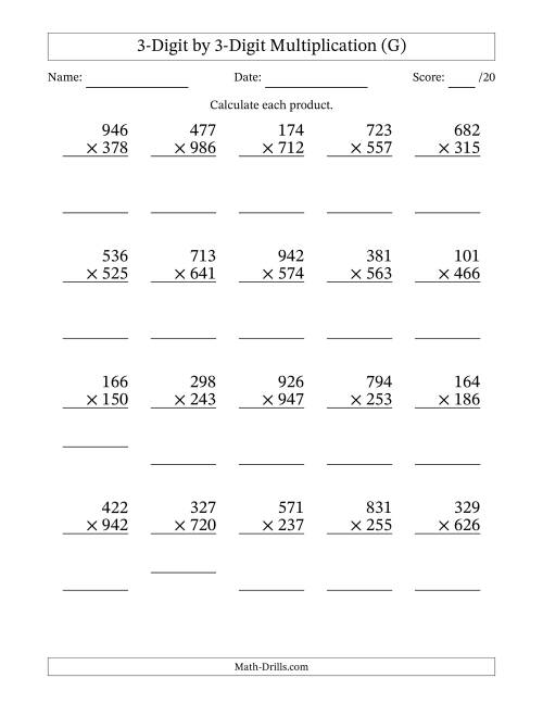 The Multiplying 3-Digit by 3-Digit Numbers (G) Math Worksheet