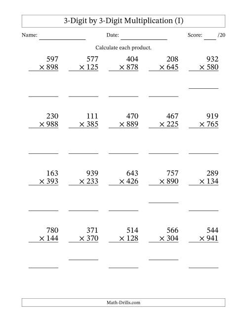 The Multiplying 3-Digit by 3-Digit Numbers (I) Math Worksheet