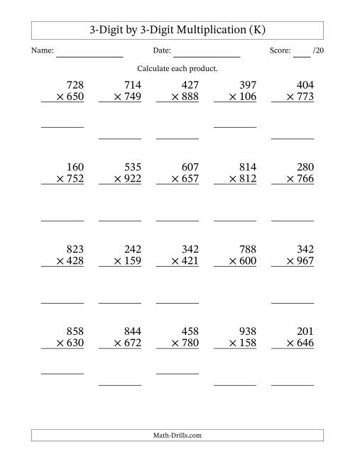 The Multiplying 3-Digit by 3-Digit Numbers (K) Math Worksheet