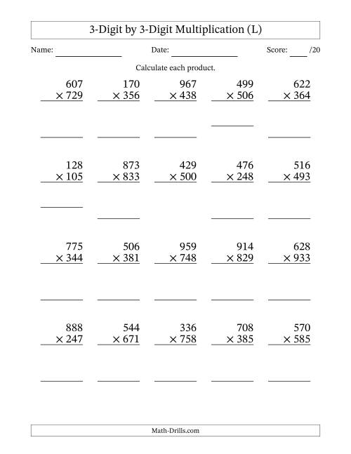 The Multiplying 3-Digit by 3-Digit Numbers (L) Math Worksheet