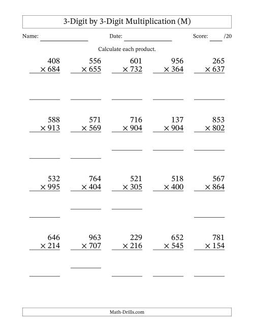 The Multiplying 3-Digit by 3-Digit Numbers (M) Math Worksheet