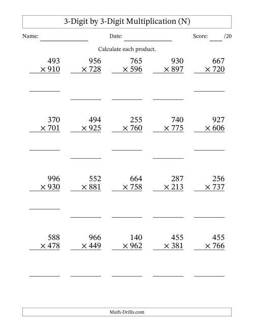The Multiplying 3-Digit by 3-Digit Numbers (N) Math Worksheet