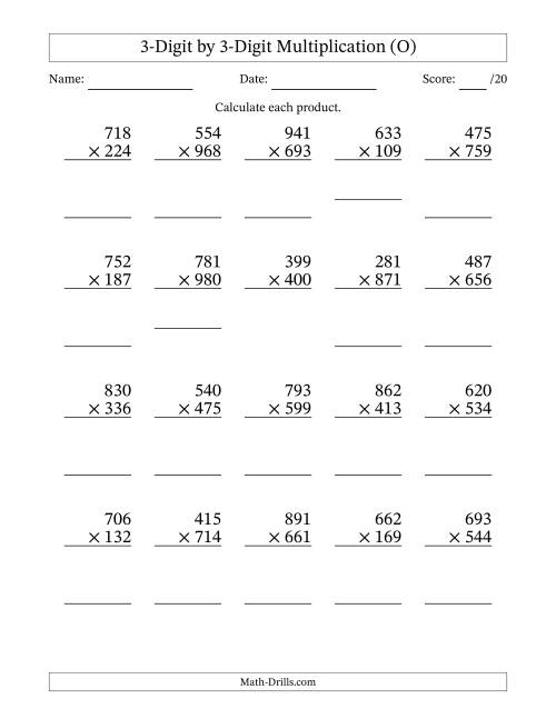 The Multiplying 3-Digit by 3-Digit Numbers (O) Math Worksheet