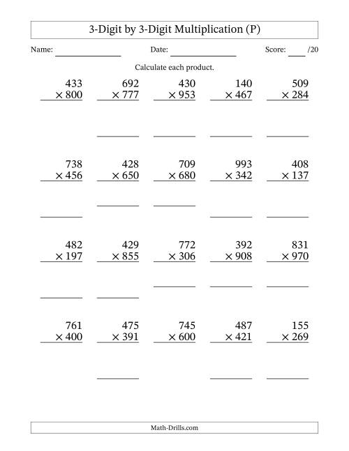 The Multiplying 3-Digit by 3-Digit Numbers (P) Math Worksheet